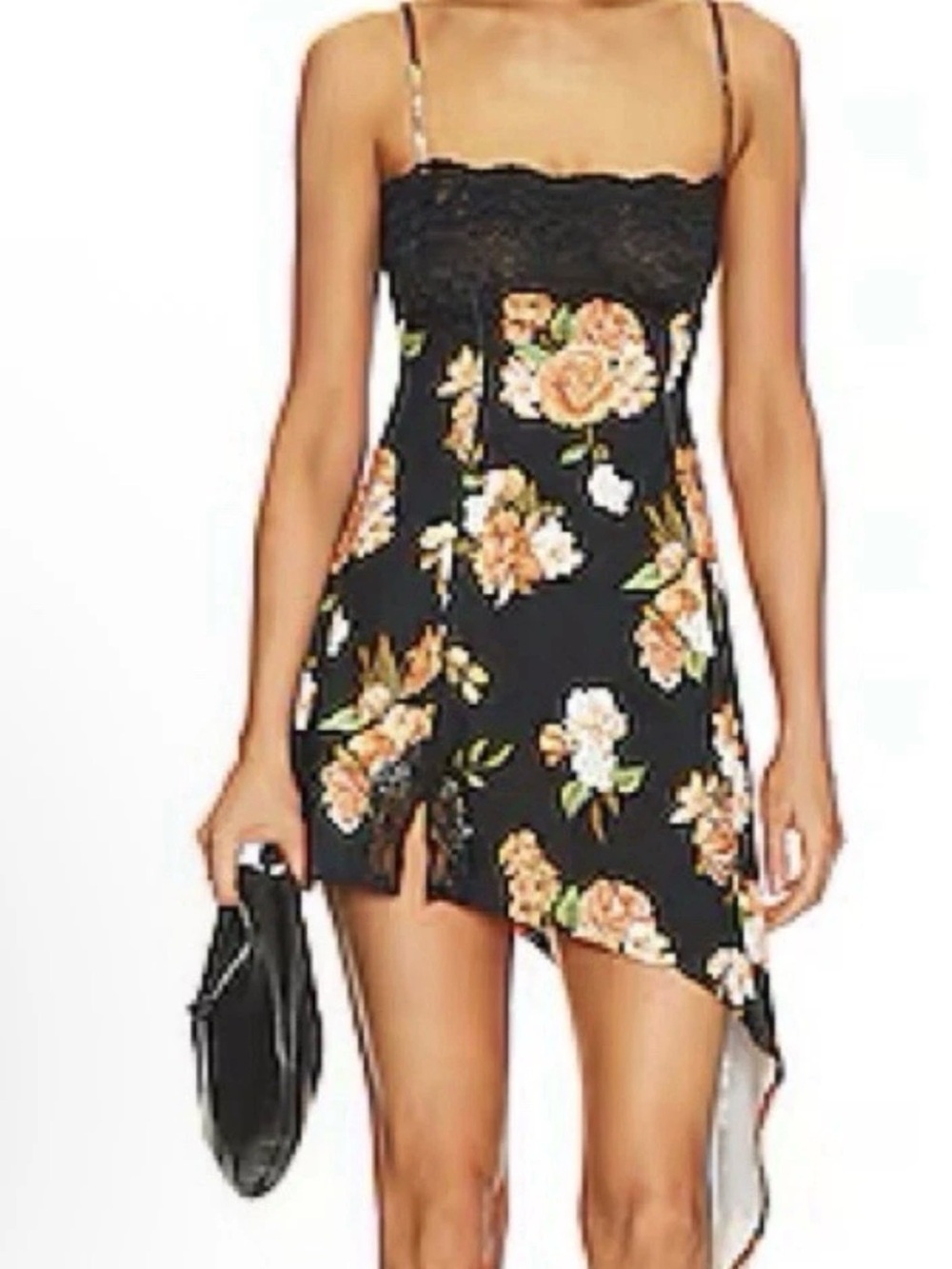 WeWoreWhat Black Floral Lace-Trim Asymmetric Slip Dress